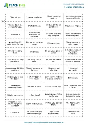 ESL Making Offers Game preview for Pre-intermediate A2. Students play dominoes matching statements to offers of help using will.