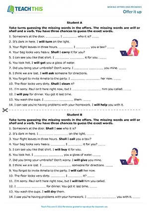 ESL Will and Shall Game preview for Pre-intermediate A2. Students guess missing words in offers using will or shall.