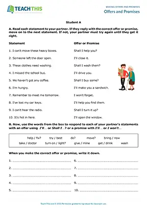 ESL Offers and Promises Activity preview for Pre-intermediate A2. Students match and form sentences using offers and promises with will, won't, or shall.