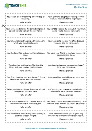 ESL Offers and Promises Game preview for Intermediate B1. Students race to make offers or promises for different situations, using will, won't, or shall.