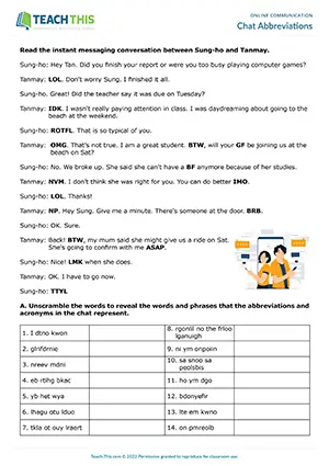 ESL chat abbreviations worksheet, vocabulary, unscrambling, gap-fill, pair work, intermediate B1 students