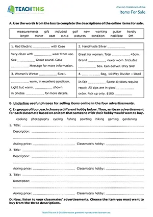 ESL online advertising activity, writing descriptions, group work, intermediate B1 students