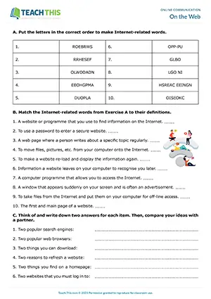 ESL internet worksheet, vocabulary, unscrambling, matching, gap-fill, pair work, upper-intermediate B2 students