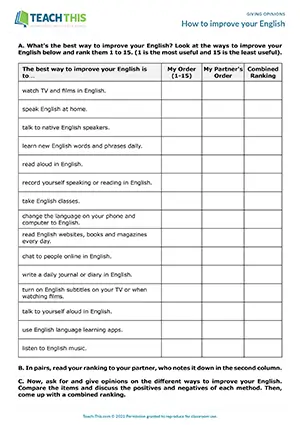 ESL Giving Opinions Activity preview for Intermediate (B1) with ranking, pair work, and guided discussion