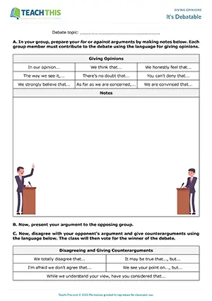 ESL Giving Opinions Activity preview for Upper-intermediate (B2) with group debating and communicative practice