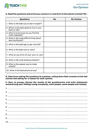 ESL Expressing Opinions Activity preview for Intermediate (B1) with asking, answering, discussion, summarizing in groups