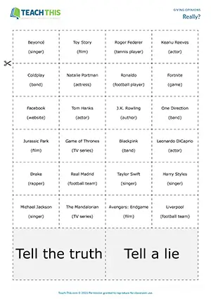 ESL Giving Opinions Game preview for Pre-intermediate (A2) with group work, true or false opinions, and Q&A