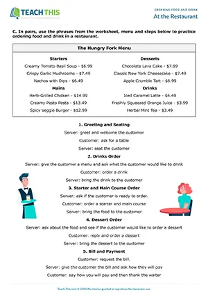 ESL restaurant role-plays preview for pre-intermediate A2, ordering dialogue, reading, vocabulary, gap-fill, pair work