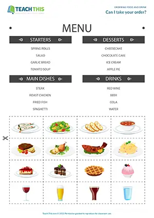 ESL ordering food and drink game preview for elementary A1-A2, role-play, ordering menu items, card game, communicative practice