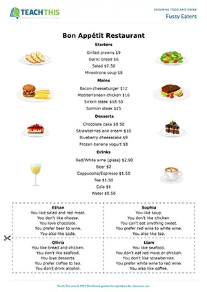 ESL restaurant role-play preview for pre-intermediate A2, group work, fussy eaters, preferences, waiter, menu