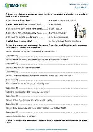 ESL restaurant language worksheet preview for intermediate B1, labelling, matching, dialogue completion, pair work