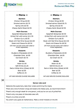 ESL restaurant role-play preview for intermediate B1, communicative practice, group work, server and customers