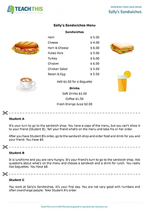 ESL sandwich shop role-play preview for intermediate B1, communicative practice, group work, ordering food and drink