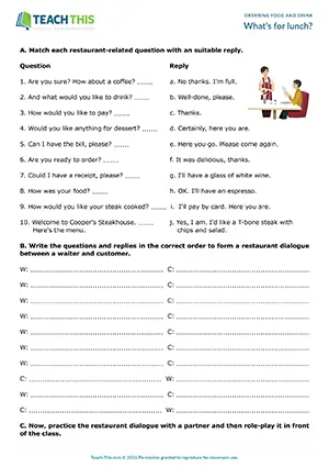 ESL restaurant language worksheet preview for pre-intermediate A2, matching, ordering, role-play, pair work