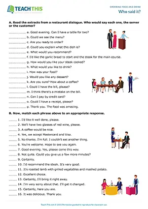ESL restaurant worksheet preview for intermediate B1, identifying, matching, creating dialogues, role-play