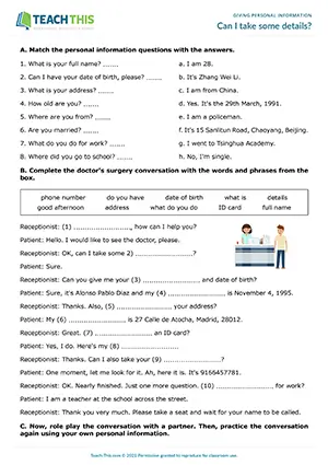 ESL Personal Information Worksheet preview for Pre-intermediate (A2) with matching, gap-fill, role-play, and question practice