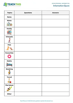 ESL Personal Information Questions Activity preview for Intermediate (B1) with group and pair work, writing and asking questions