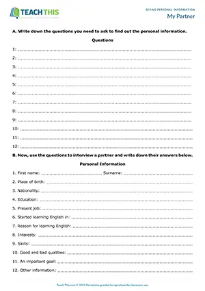 ESL Asking Personal Information Activity preview for Intermediate (B1) with pair writing and interview practice