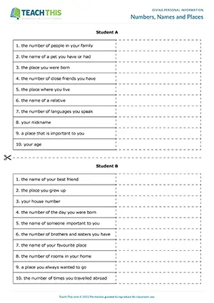 ESL Personal Information Activity preview for Intermediate (B1) with pair work, conversation, and discussion