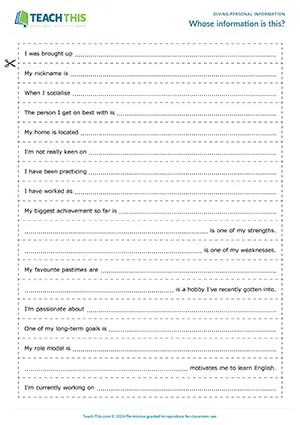 ESL Personal Information Game preview for Upper-intermediate (B2) with sentence completion and class question race