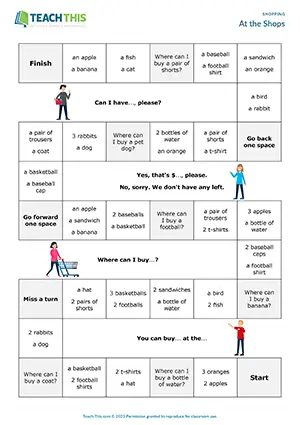 ESL shopping board game preview, elementary A1-A2, group work, asking for items, giving prices, where to buy, controlled practice