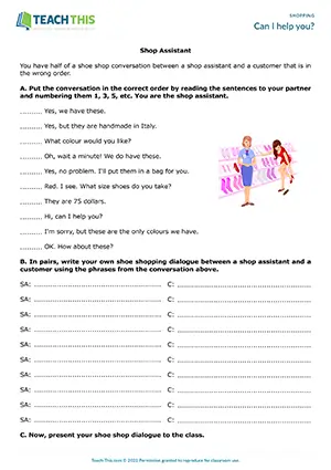 ESL shoe shop role-play preview, pre-intermediate A2, dialogue ordering, creating dialogues, pair work