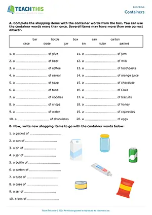 ESL containers worksheet preview, intermediate B1, matching, gap-fill, container words, shopping items