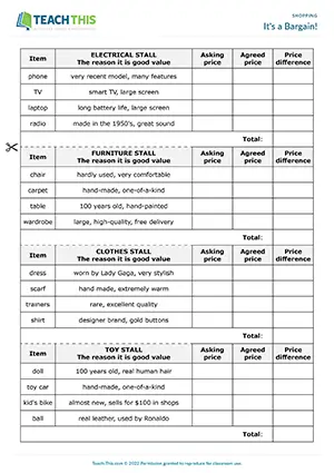 ESL bargaining activities preview, intermediate B1, vocabulary, role-play, market, negotiating prices