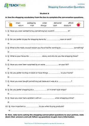 ESL shopping vocabulary activity preview, intermediate B1, gap-fill, conversation, pair work, asking and answering