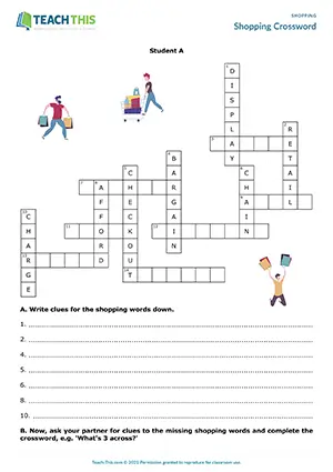 ESL shopping crossword activity preview, upper-intermediate B2, writing and giving clues, defining, guessing, group and pair work