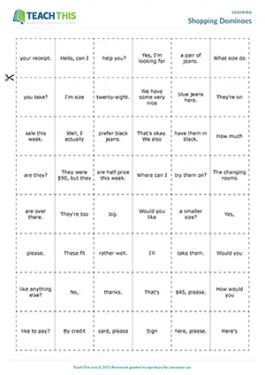 ESL clothes shopping game preview, pre-intermediate A2, matching, ordering, building conversation, group work