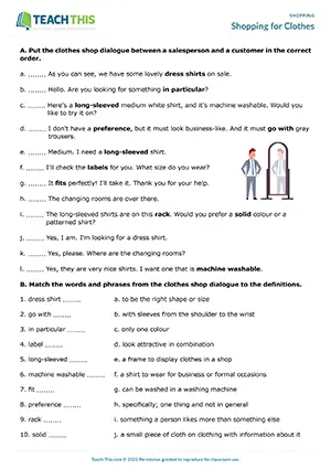 ESL clothes shopping worksheet preview, upper-intermediate B2, ordering, matching, gap-fill, writing dialogues