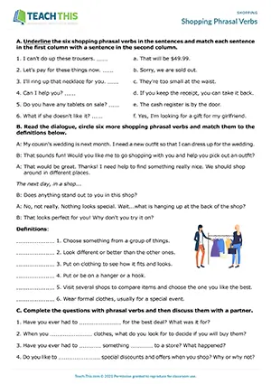 ESL shopping phrasal verbs worksheet preview, upper-intermediate B2, identifying, gap-fill, role-play, pair work