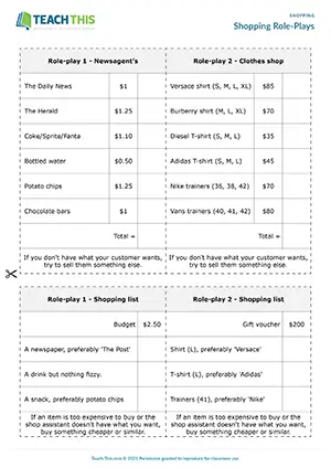 ESL shopping role-plays preview, pre-intermediate A2, newsagent, clothes shop, buying and selling, conversation practice