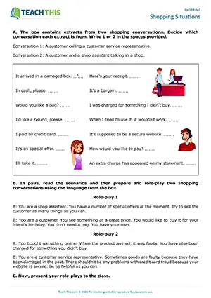 ESL shopping role-plays preview, upper-intermediate B2, categorising, communicative practice, pair work