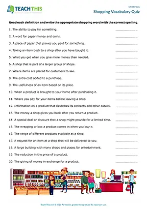 ESL shopping vocabulary quiz preview, intermediate B1, definitions, quiz, writing answers, spelling