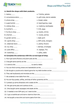ESL shopping vocabulary worksheet preview, intermediate B1, matching, gap-fill, guessing, describing shops