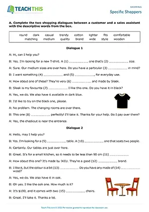 ESL shopping vocabulary worksheet preview, intermediate B1, gap-fill, unscrambling, writing dialogues, role-play