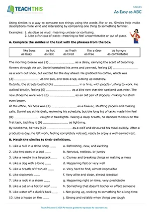 ESL similes worksheet preview, upper-intermediate B2, gap-fill, matching, short story writing, pair work