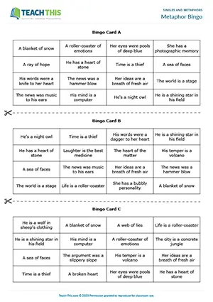 ESL metaphors game preview, upper-intermediate B2, bingo, matching, group work, metaphor meanings