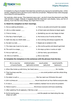 ESL metaphors worksheet preview, upper-intermediate B2, matching, gap-fill, identifying, writing definitions, story writing