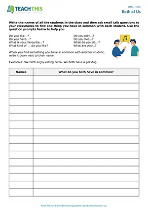 ESL Small Talk Activity preview for Pre-intermediate A2 showing questions, pair mingling and finding commonalities