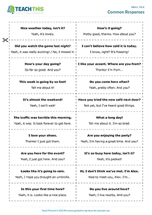 ESL Small Talk Game preview for Intermediate B1 showing common response cards and group game
