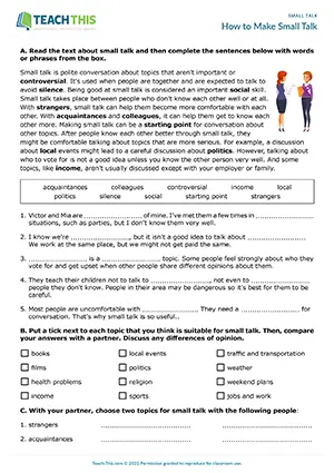 ESL Small Talk Worksheet preview for Upper-intermediate B2 showing gap-fill, matching, responses, discussion, and practice
