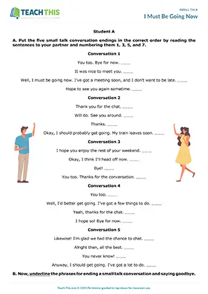 ESL Ending a Conversation and Saying Goodbye Activity preview for Intermediate B1 showing ordering, role-play and controlled practice