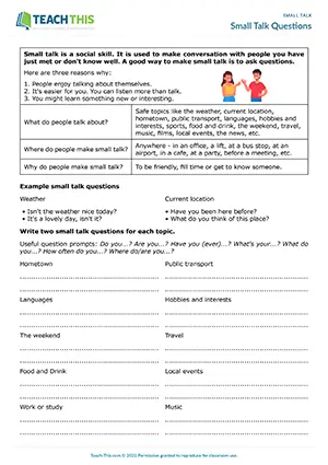 ESL Small Talk Activity preview for Pre-intermediate A2 showing writing, topic cards and question practice