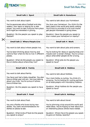 ESL Small Talk Role-Play preview for Intermediate B1 showing character cards, small talk topics and networking