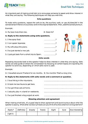 ESL Small Talk Worksheet preview for Intermediate B1 showing echo questions, follow-up questions, categorising and role-play