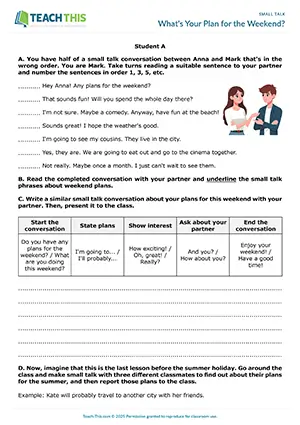 ESL Small Talk Activity preview for Pre-intermediate A2 showing information gap, preparing and delivering a dialogue, controlled and freer practice, pair work