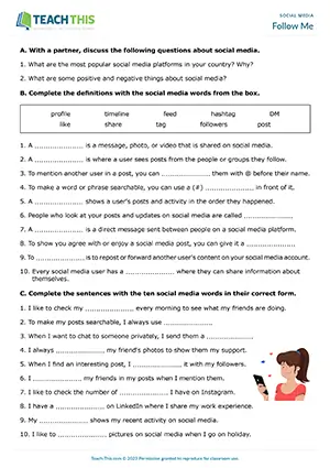 ESL Social Media Worksheet preview for Pre-intermediate A2 showing vocabulary, posts, hashtags and communicative practice
